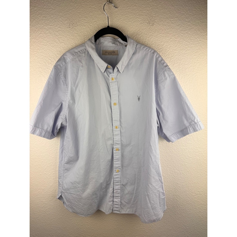 AllSaints Slim Fit Short Sleeve Button-Up Shirt XXL Blue Skull Ram Embroidery